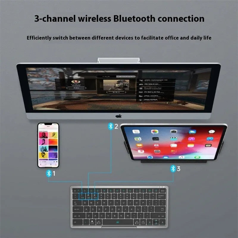 Universal wireless Bluetooth keyboard with touch pad inside a grey hardcover sheath with stand.