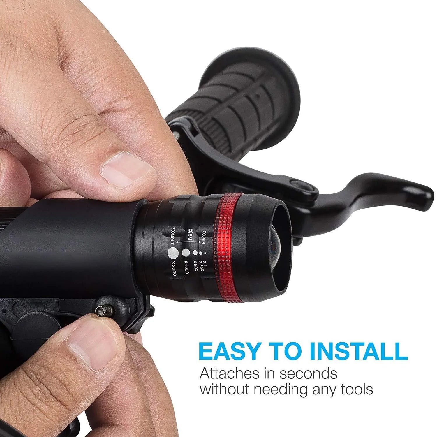 Bicycle safety set showing a front flashlight, a rear taillight, and a black mounting bracket on a white background.