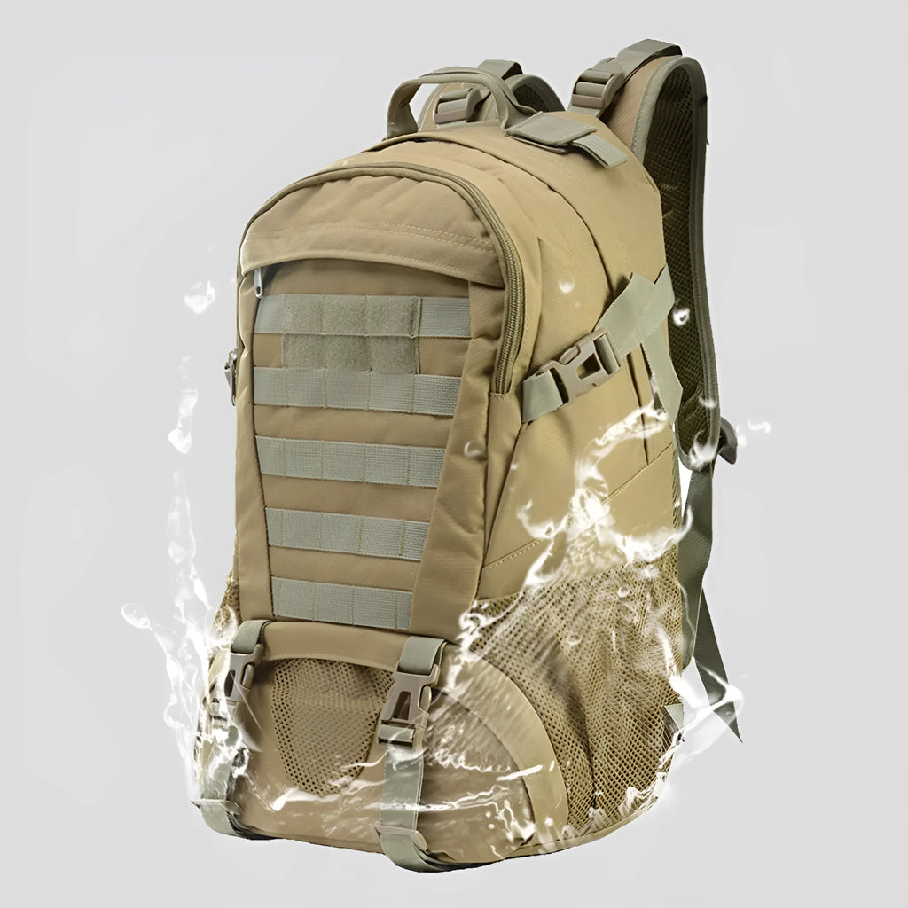 Oxford cloth mountaineering backpack in camouflage colour with air pillow belt, showing 49x31x18cm dimensions.