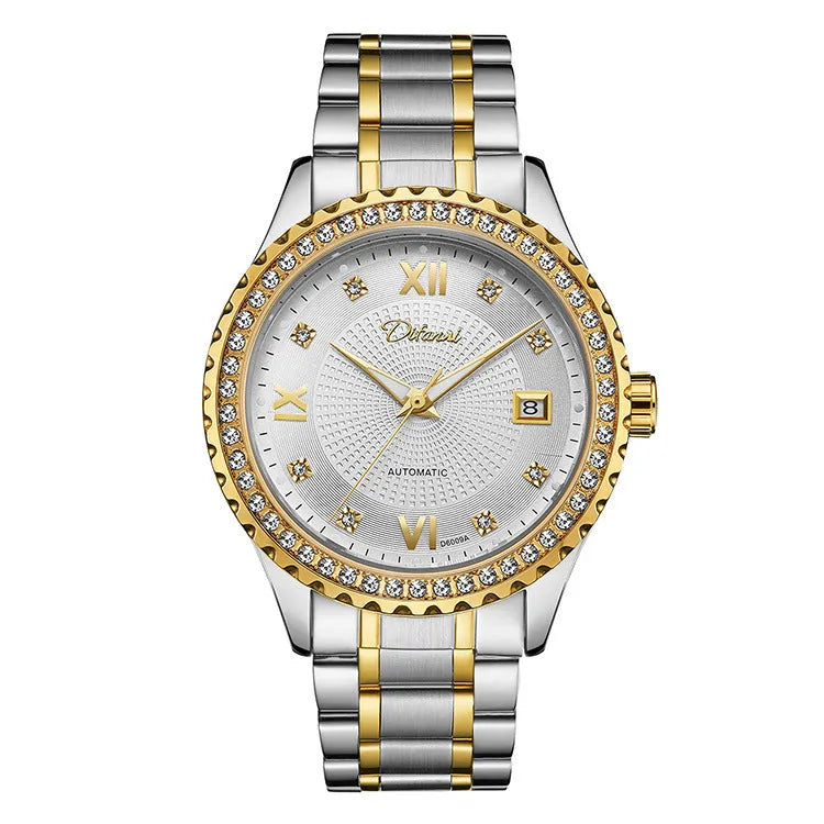 Fashionmonger men's automatic mechanical watch with a gold case and black dial, showing luminous hands.