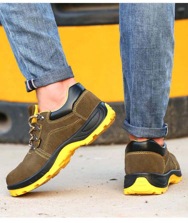 Bronze cow suede leather safety boots with steel toe cap and patterned anti-skid sole