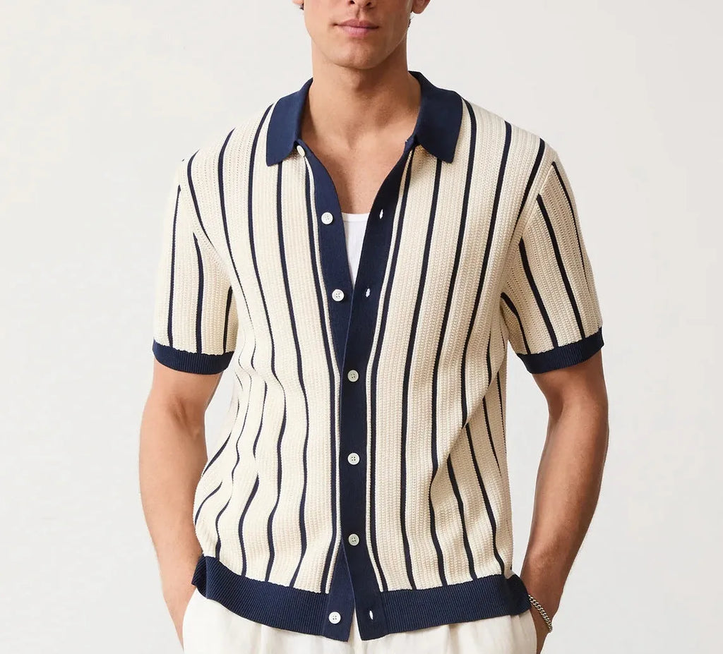 White men's knitted shirt with asymmetric stripes and a V-neck lapel, short sleeves, British style leisure wear.