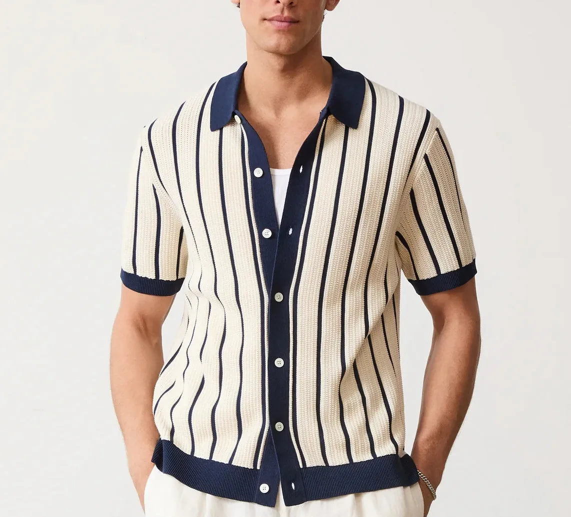White men's knitted shirt with asymmetric stripes and a V-neck lapel, short sleeves, British style leisure wear.