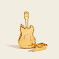 Guitar-shaped silver crossbody shoulder bag with a black strap.