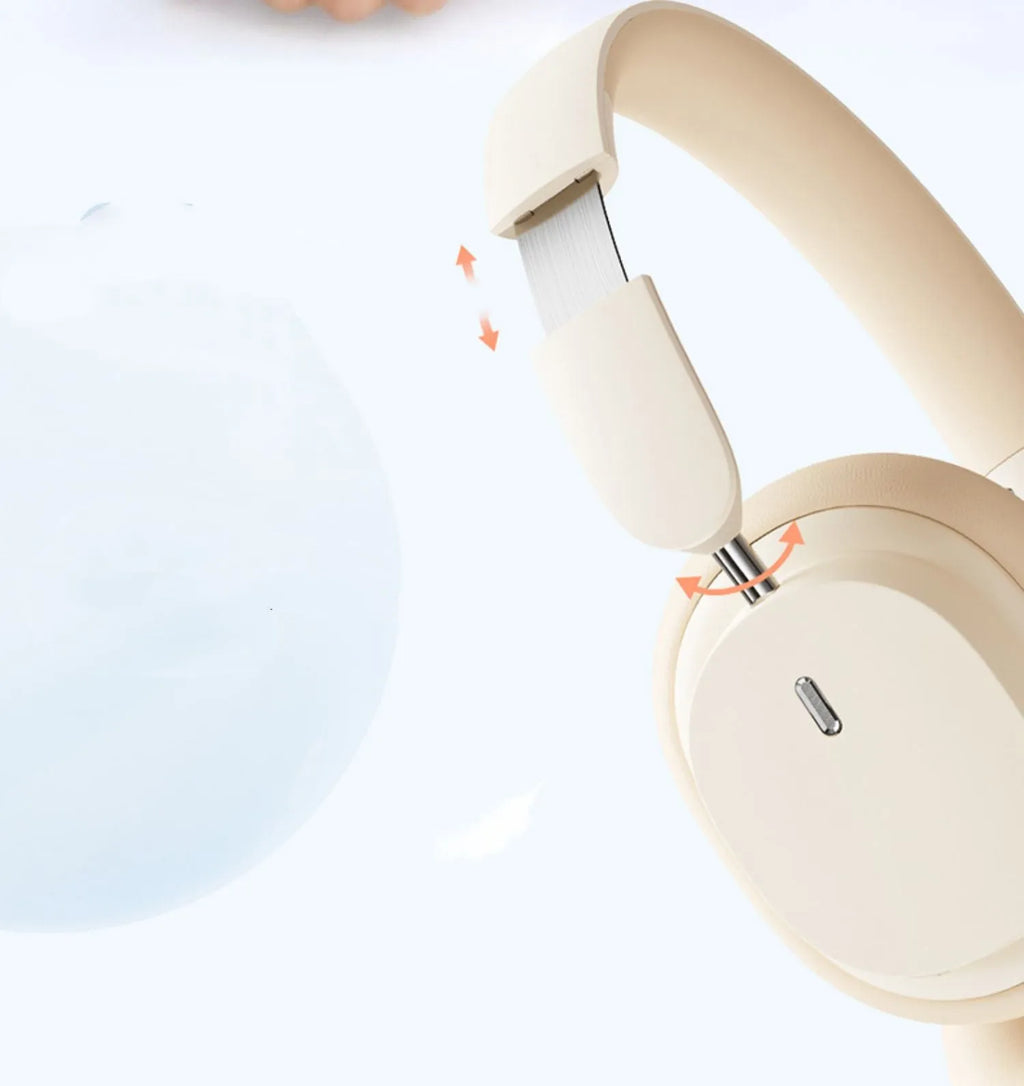 Beige and grey Bluetooth over-ear headphones with head-mounted design showing earcups and adjustable headband