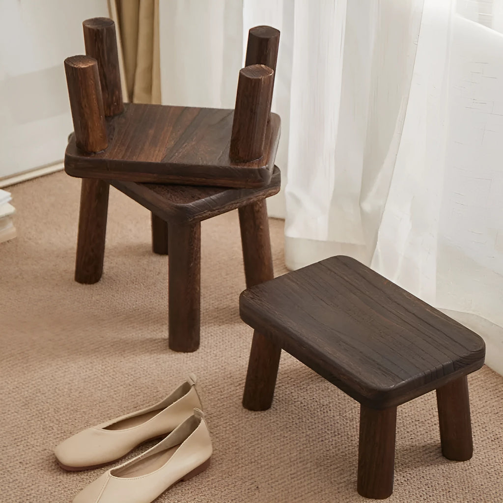 Distressed wood stool for changing shoes with bracket structure construction