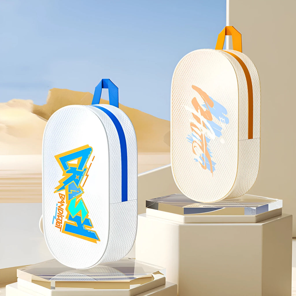 Waterproof EVA swimming storage bag shown in orange, available in 3 litre and 7 litre sizes.