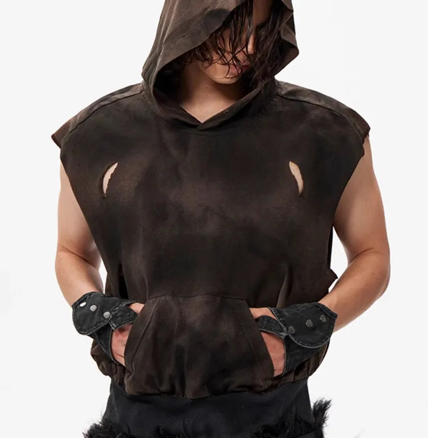 Khaki coloured cotton short sleeve hooded vest on hanger