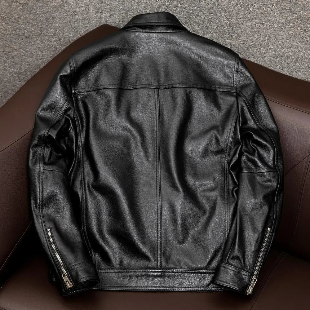 Men's black lapel leather jacket with side seam pockets in loose fit design