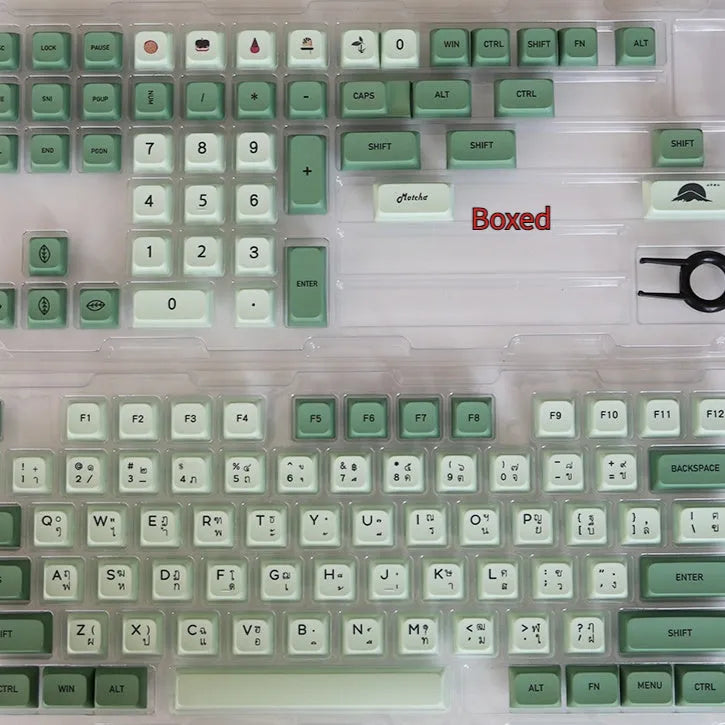 124-key Matcha green PBT keycap set for a mechanical keyboard, showing multiple language layout options.