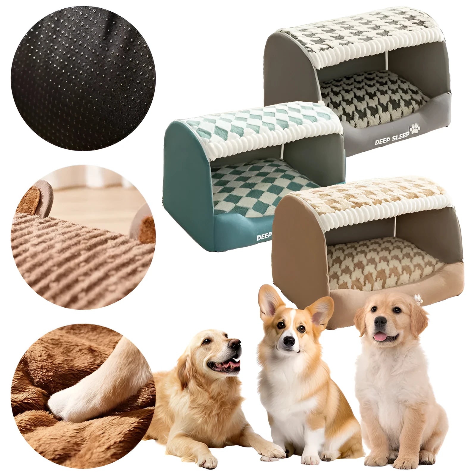 Brown bear-shaped enclosed dog kennel pet bed with removable cover on a wooden floor.