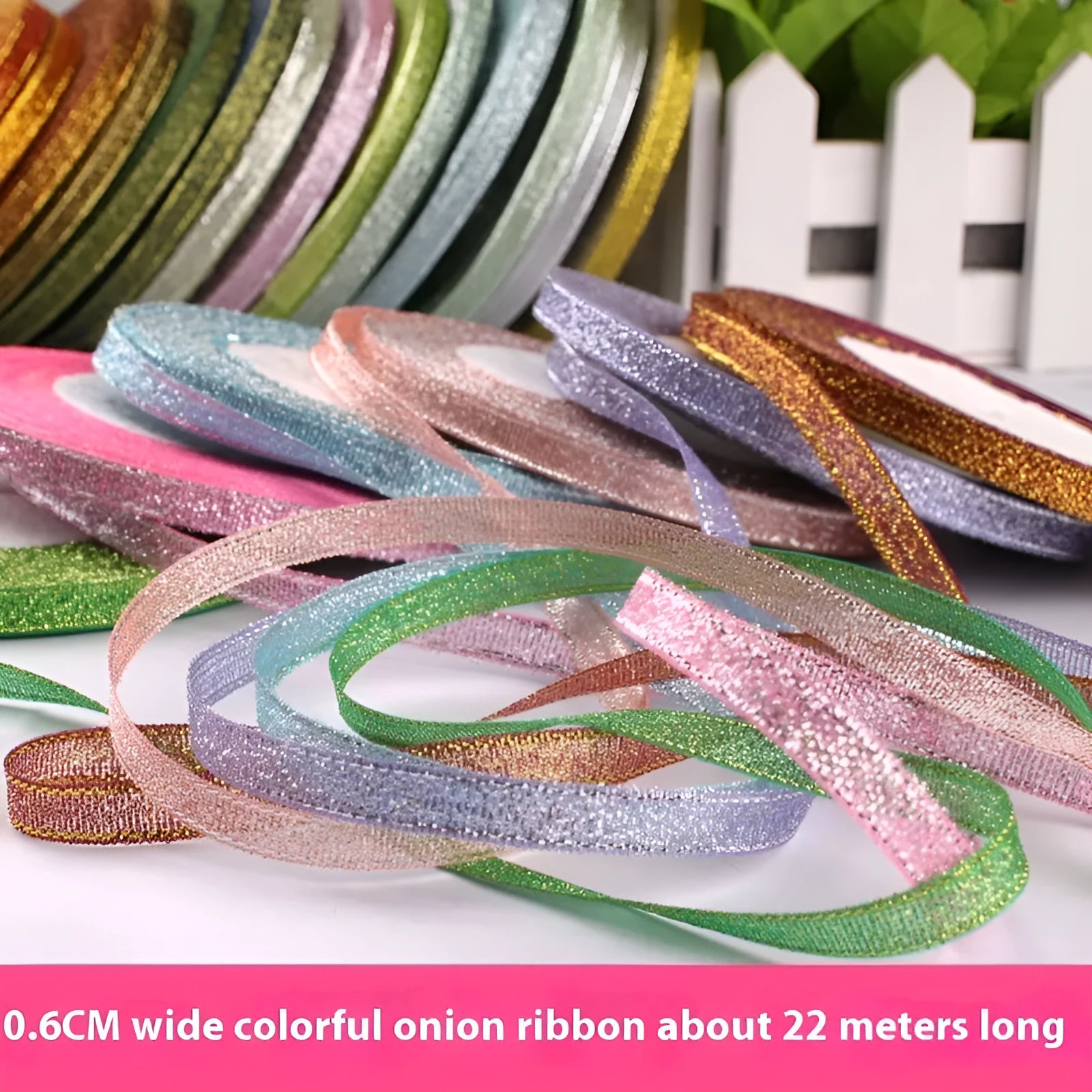 0.6cm wide polyester gift packaging ribbon roll in multiple colour options including gold leaf and jade pink