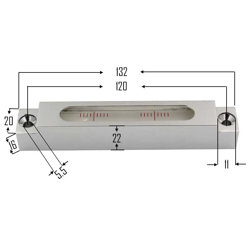 Metal mini spirit level with glass vials showing 132mm length for precision workshop alignment