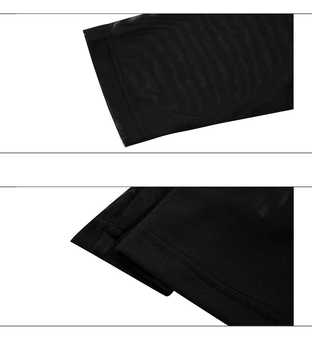 Black and white long sleeve mesh slim fit shirt laid flat, showing mesh fabric texture.