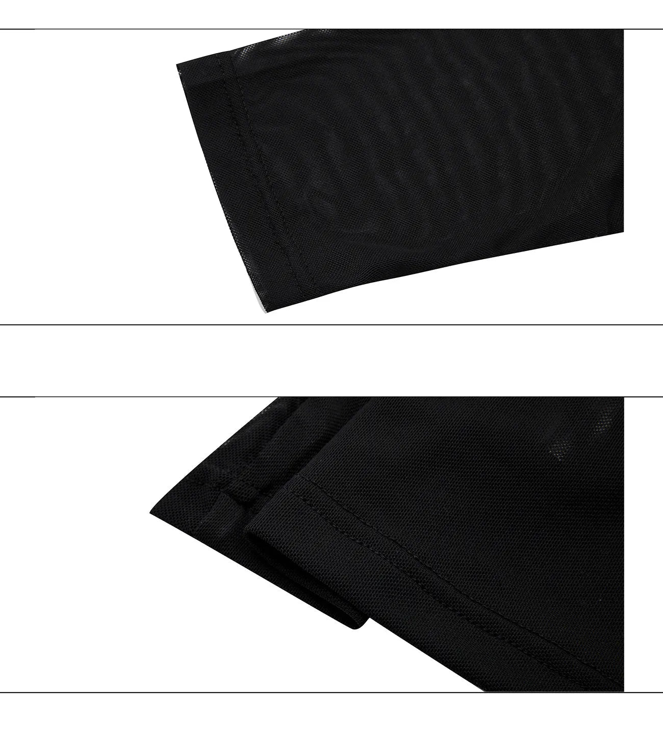 Black and white long sleeve mesh slim fit shirt laid flat, showing mesh fabric texture.