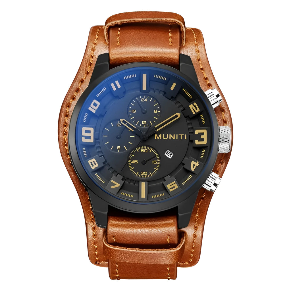 MUNITI Munich men's quartz watch with black metal case, black dial, black PU strap, 48mm dial diameter