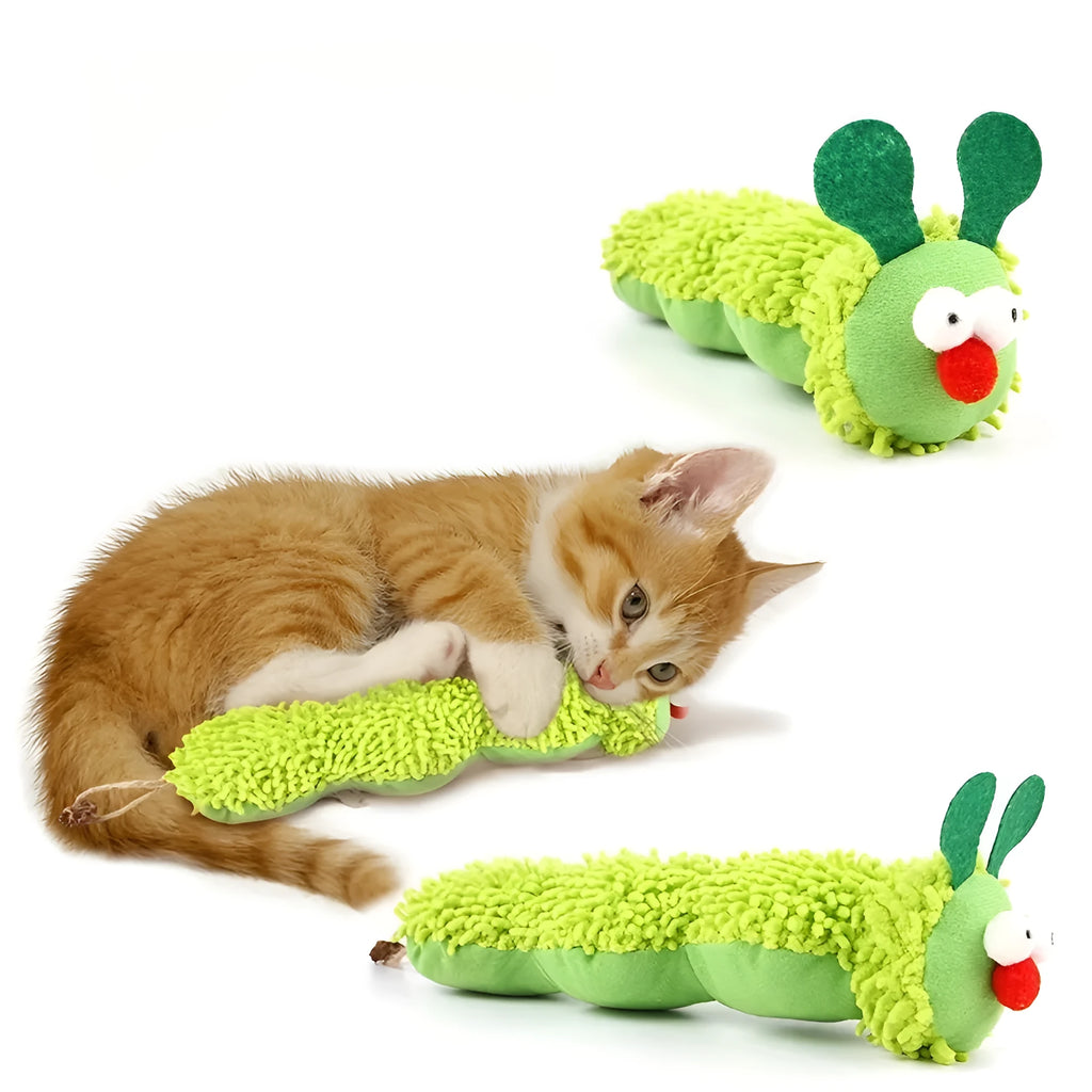 Green interactive plush cat toy pillow measuring 24cm long with rechargeable electronic sports functionality