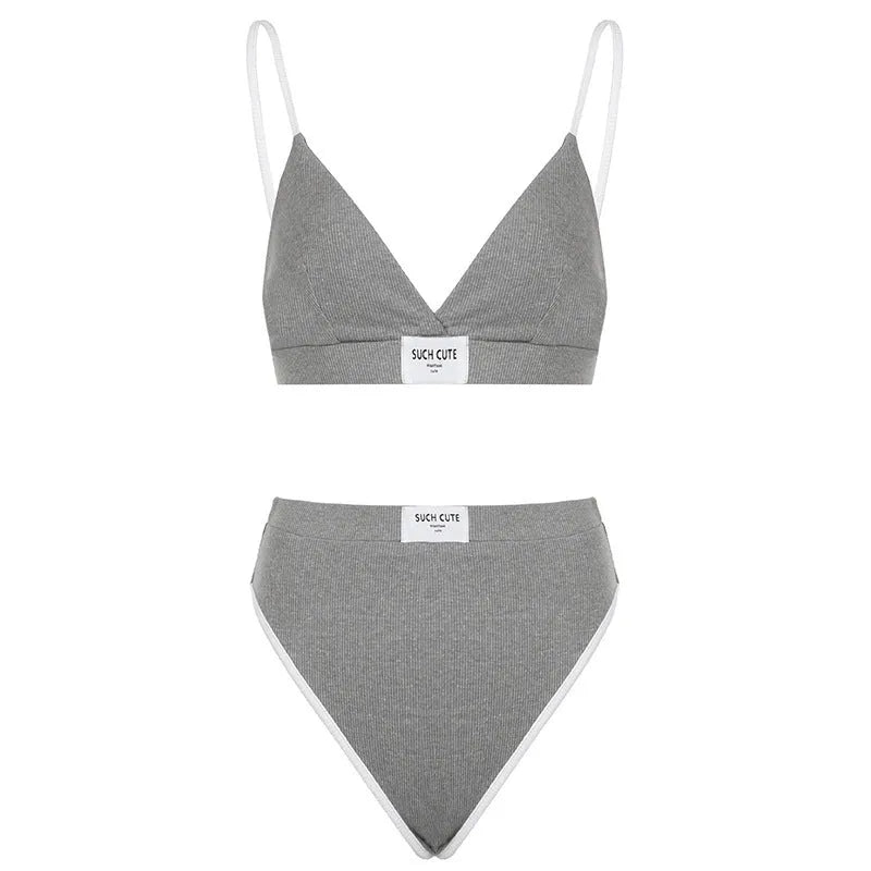 Women's grey bikini set with contrast colour binding letters embroidery, sleeveless design with shorts