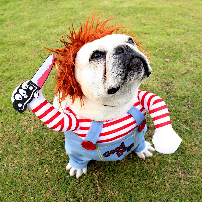 Red polyester adjustable Halloween dog costume with wig and foam knife for pet cosplay parties