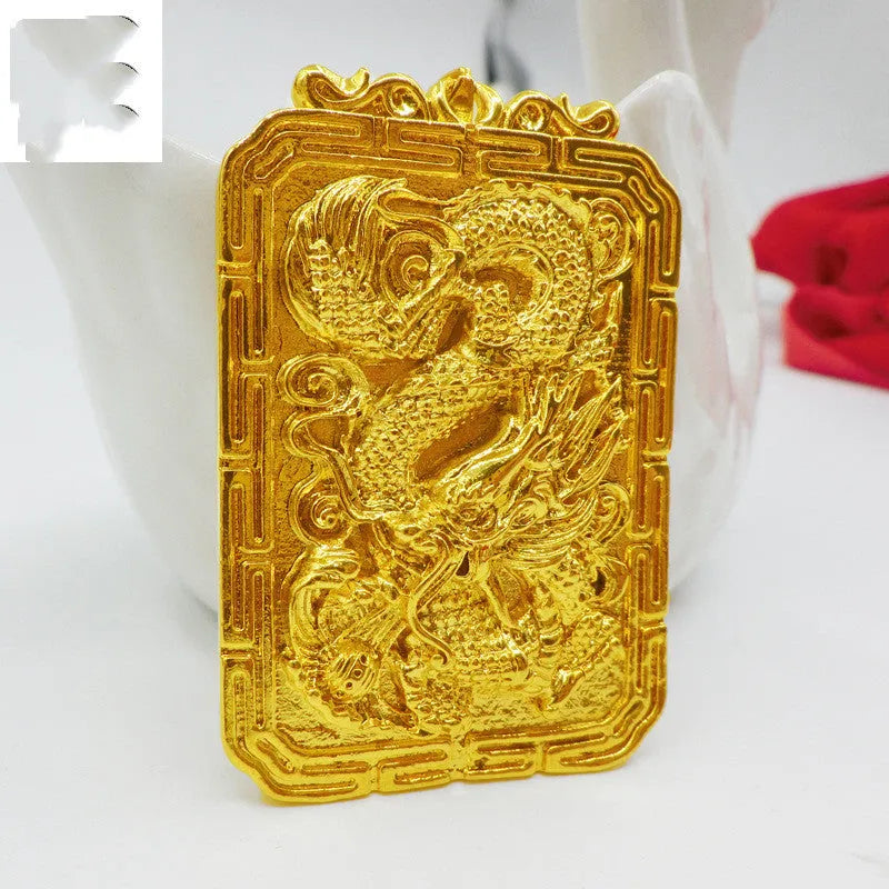 Gold dragon pendant for men, solid 40g metal, animal zodiac style, on display