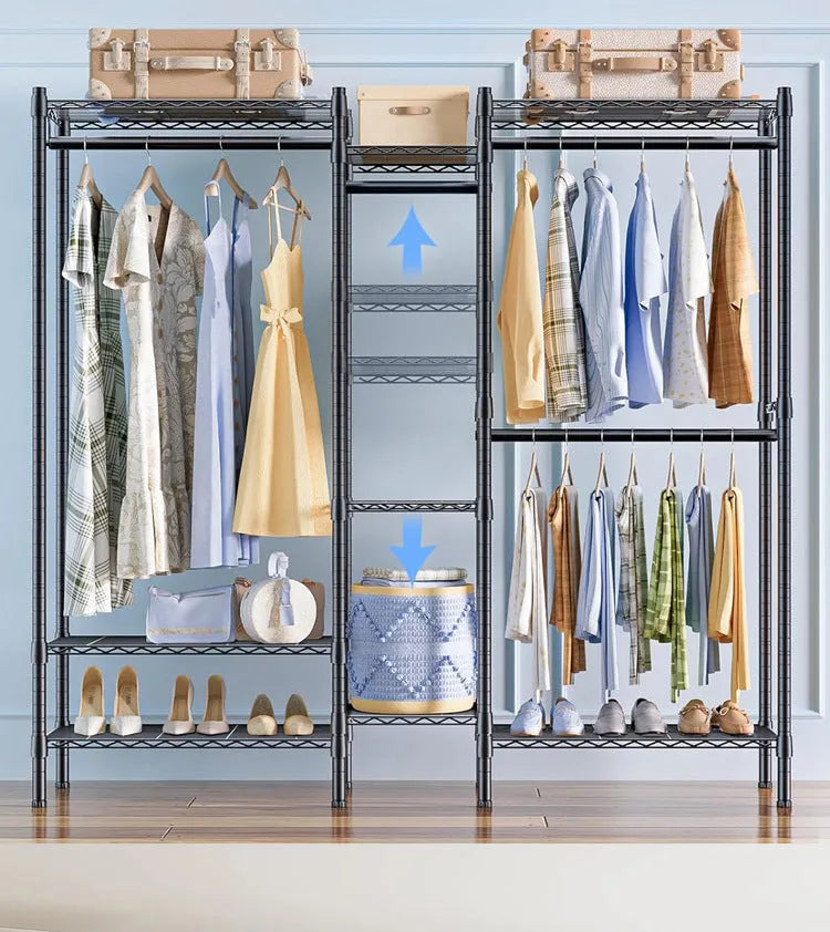 Black metal floor storage rack with carbon steel construction for hanging clothes and garments