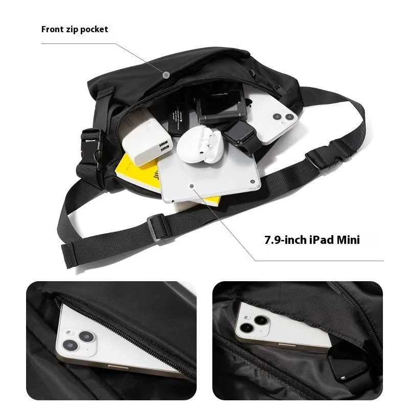 Men's black Oxford fabric chest bag with slanted design and visible sewing lines
