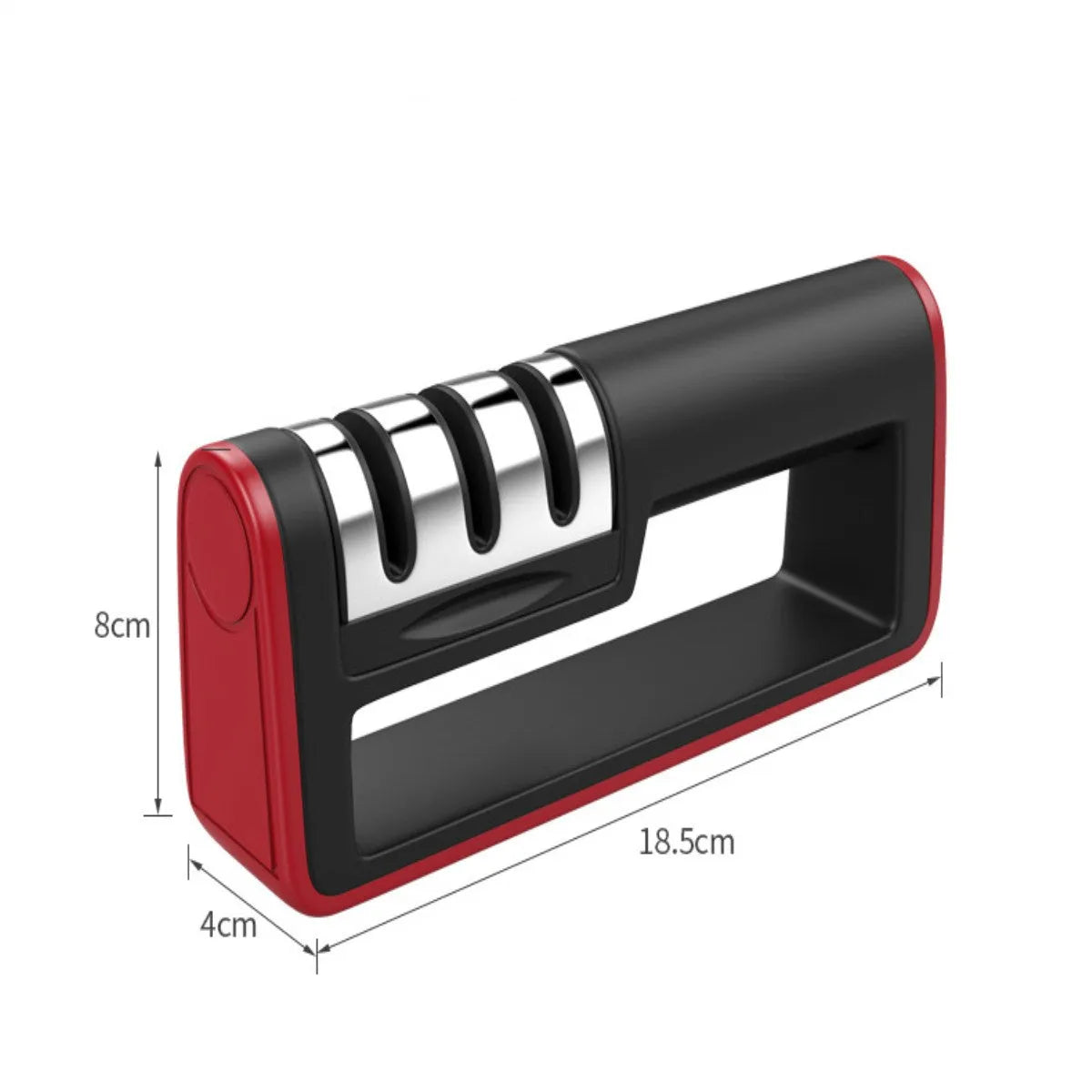 Black and red professional three-stage knife sharpener with non-skid rubber feet.