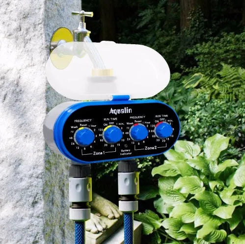 Dual timed irrigation controller device for automatic garden watering with battery compartment
