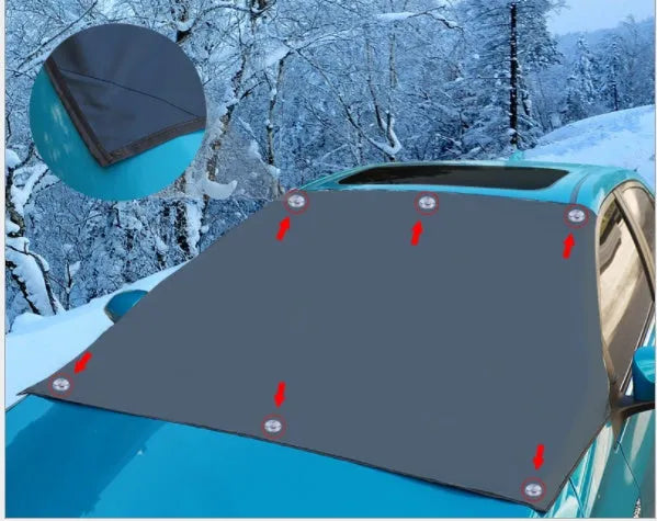Magnetic car windscreen snow cover in black with silver back, 210x120cm size, six magnets visible