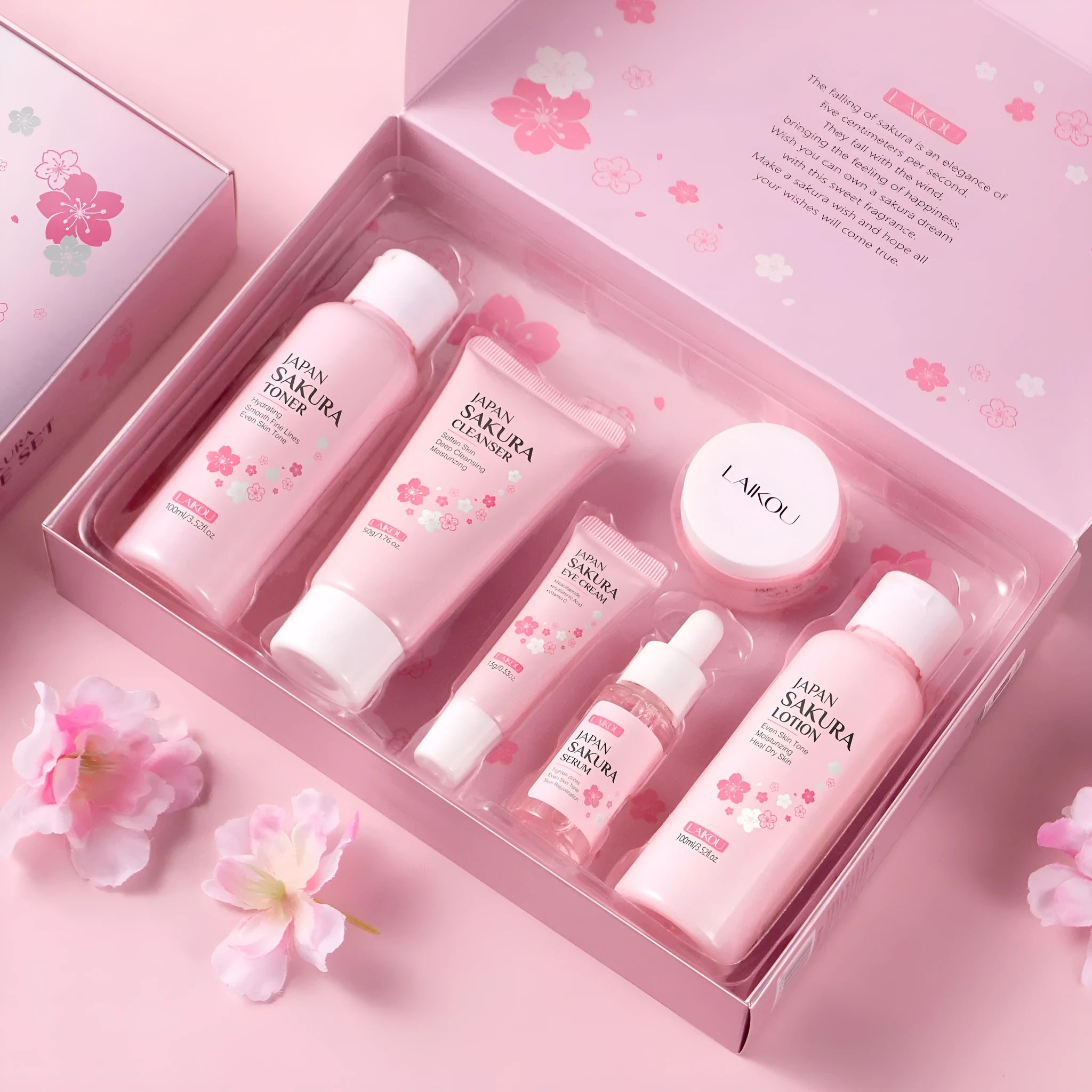 Cherry blossom skin care 6-piece set with cleanser, toner, cream, serums and eye cream