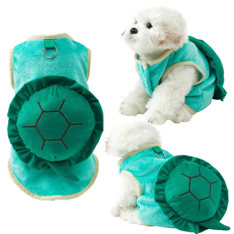 Green flannel pet costume shaped like a turtle for dogs and cats in size L