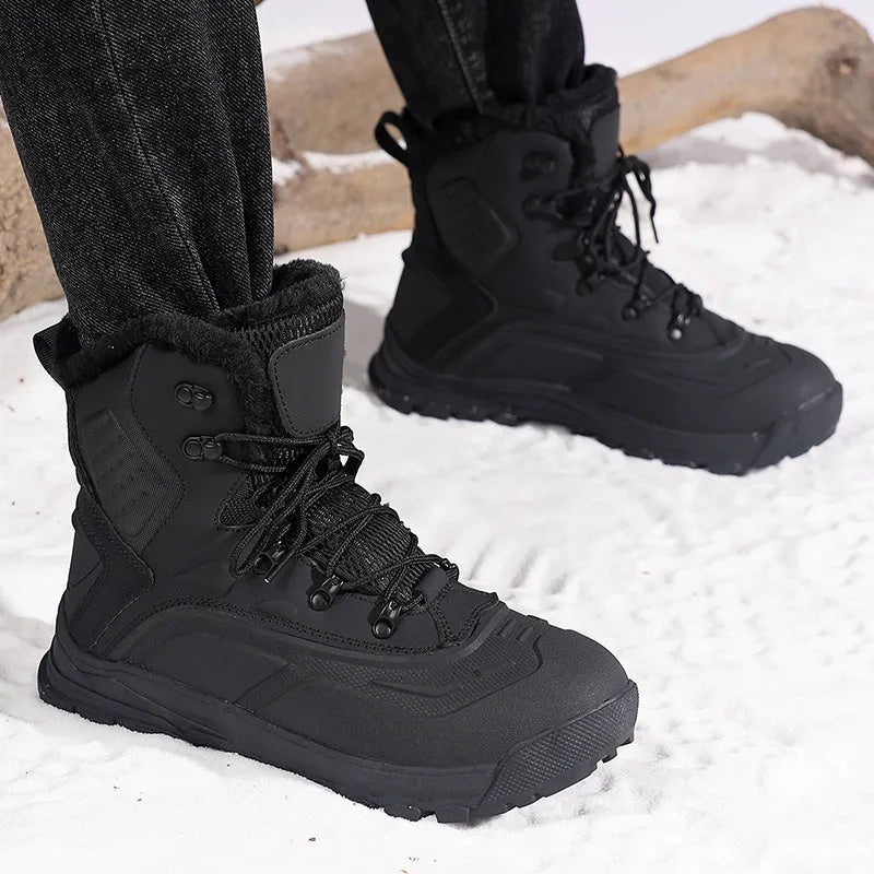 Men's black high-top boots with fleece lining, flat heel, and lace-up front on a ribbed TPR sole.