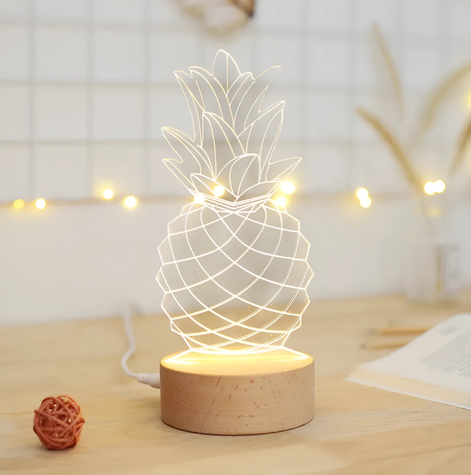Cartoon pineapple-shaped bedside table lamp made of wood and acrylic with a USB cable.