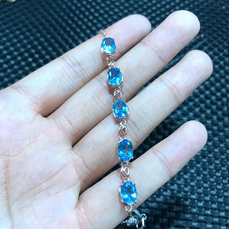 Natural topaz bracelet in 925 sterling silver with five 6x8mm Mozambique gemstones micro inlay rose gold colour