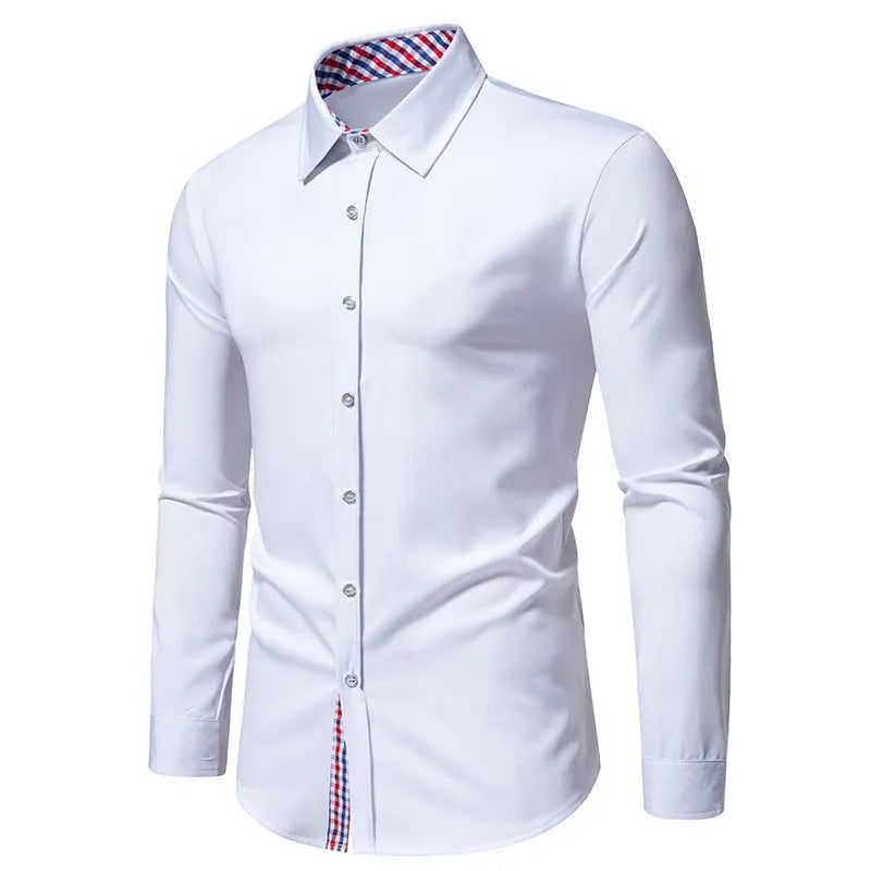 Men's loose plaid casual long-sleeved shirt in chemical fibre blend available in black, white, and wine red colours