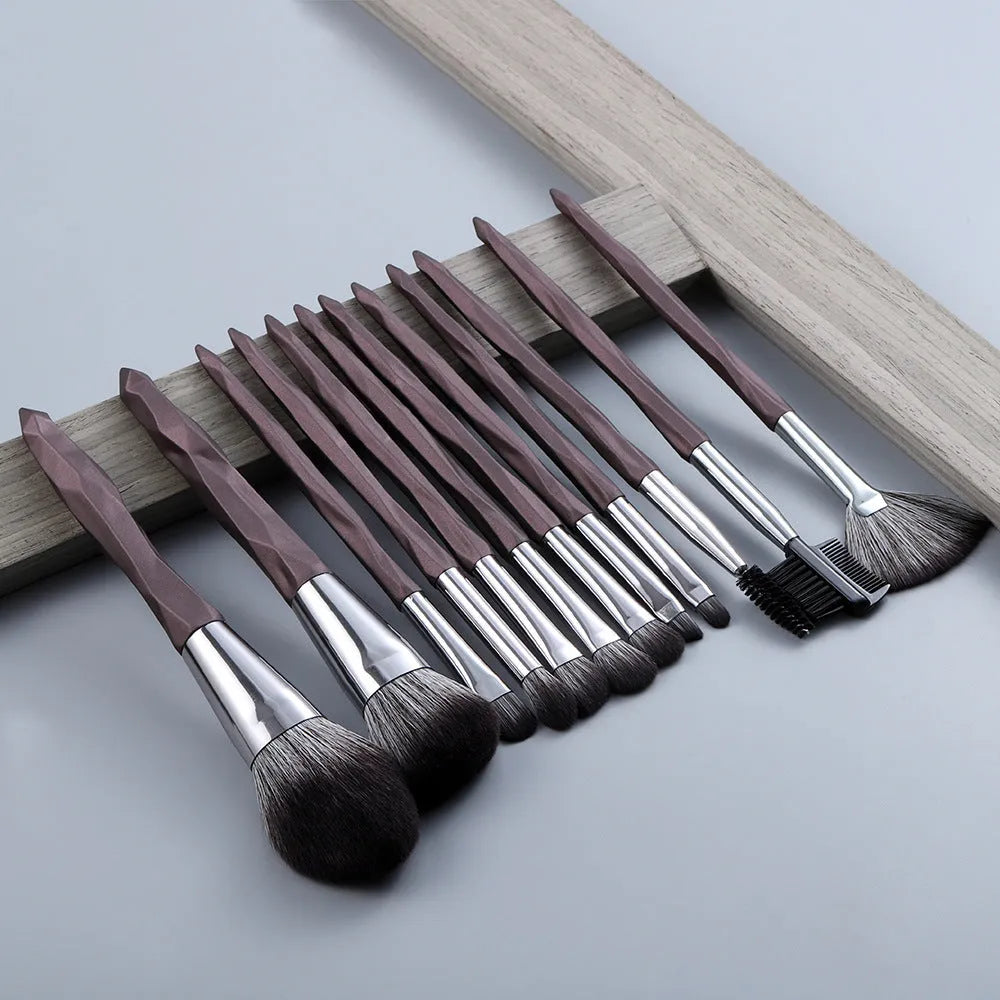 15-piece diamond handle makeup brush set with man-made fibre bristles, portable 13cm length, blue and brown handles