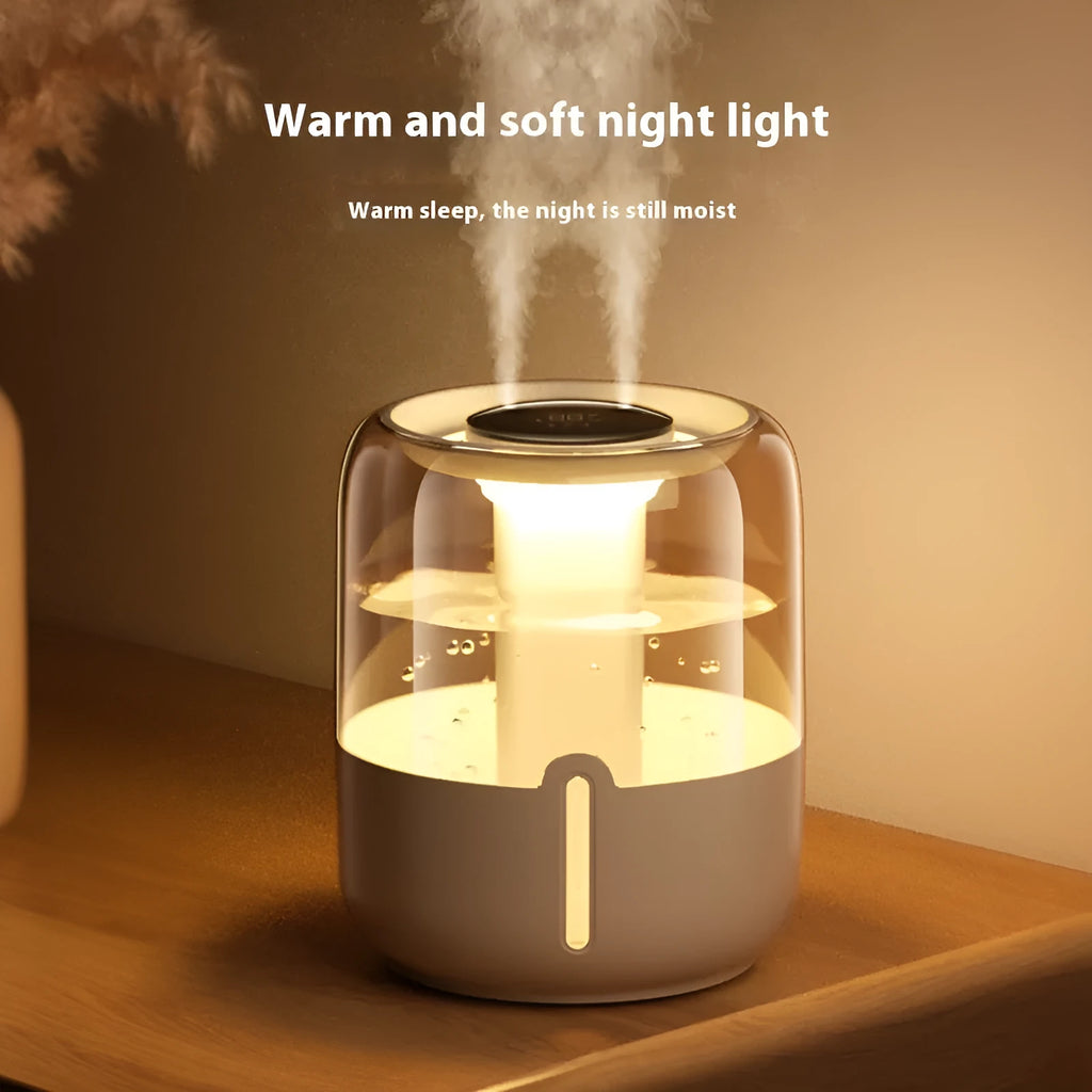 Beige round USB humidifier with dual spray nozzles, digital display, and large water capacity