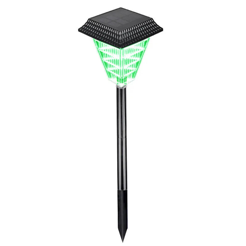 Solar garden light with colour changing LEDs in outdoor setting showing flame, green, red, and white light options