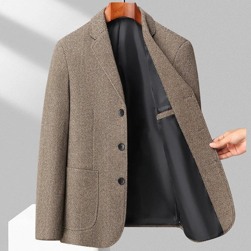 Men's loose-fitting woolen coat in solid colour for spring and autumn casual wear