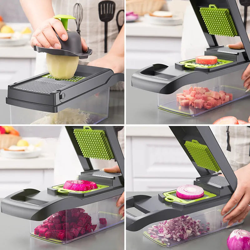 Multifunctional vegetable cutter with seven stainless steel blades on a kitchen counter