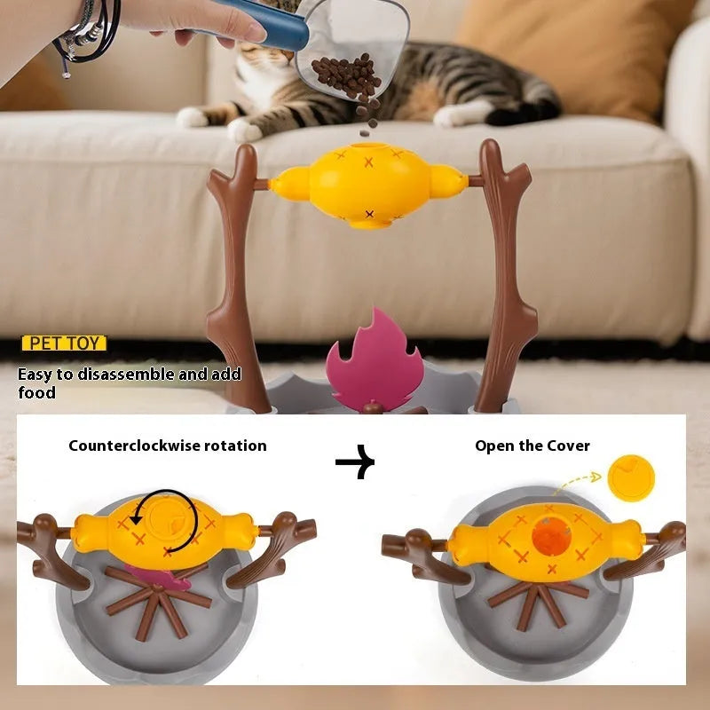 Barbecue style plastic tumbling cat food feeder toy on a white background.