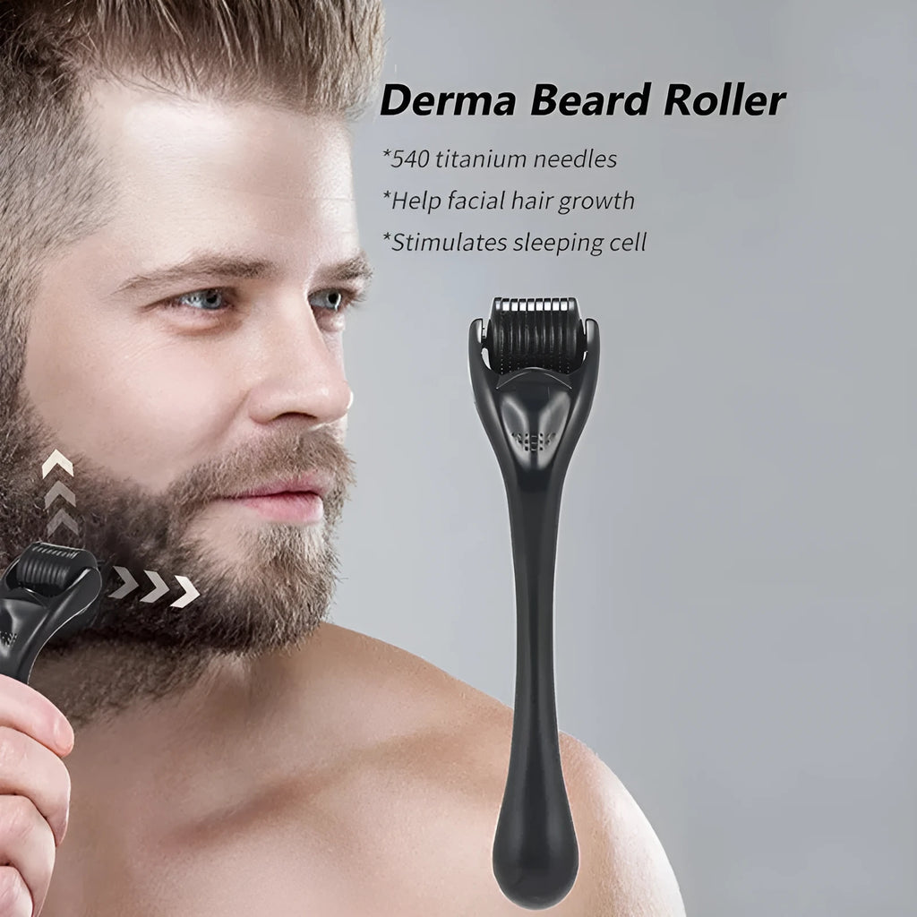 Titanium derma roller with 540 needles, showing black and purple colour options and six needle size indicators from 0.20mm to 1.00mm.