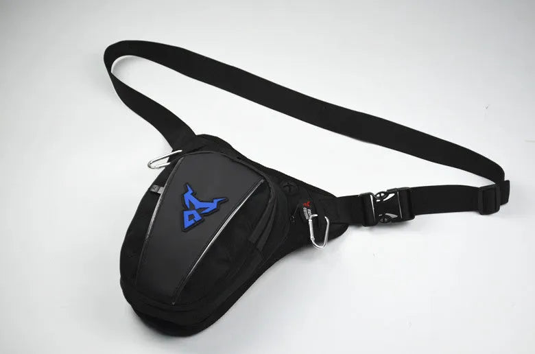 Motorcycle rider leg bag in 1200D Oxford cloth, shown in blue, mounted on a leg.