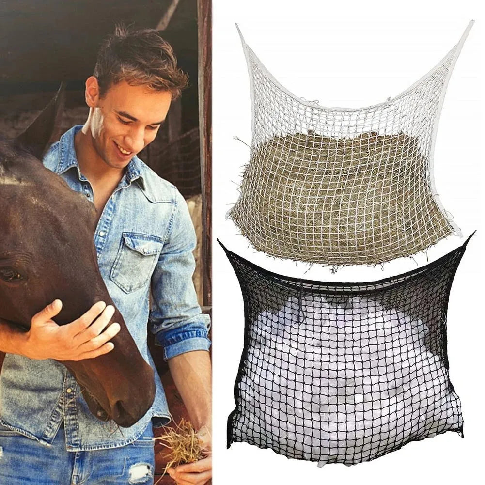 Black woven PE rope grid hanging feeding bag for horses and cattle.