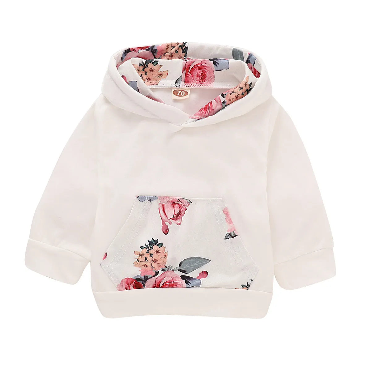 White print hooded romper suit for baby girls made from soft cotton with long sleeves and trousers.