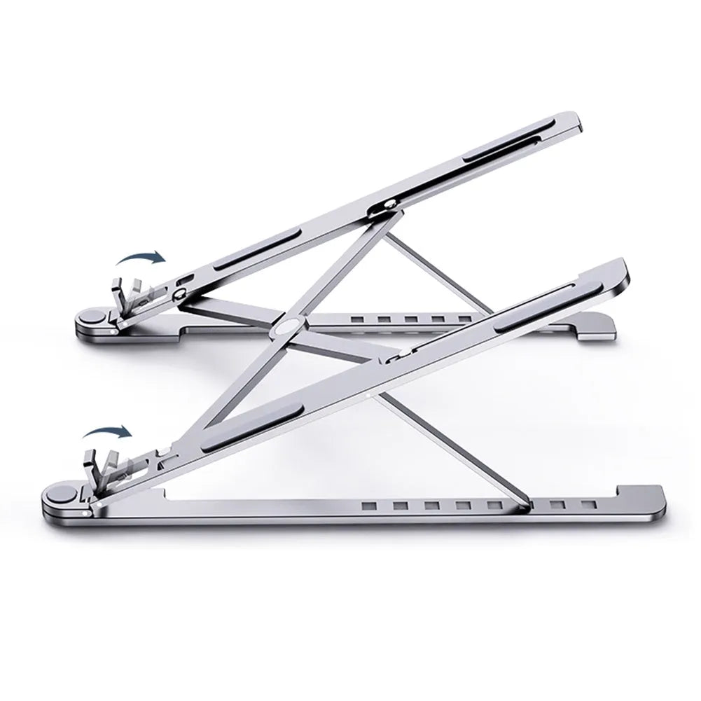 Foldable aluminium laptop stand in silver, shown open for use and folded for storage.