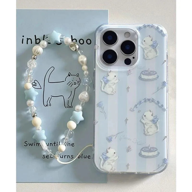 Blue and white striped PC phone case with cat lanyard for Apple iPhone, displaying fall protection design