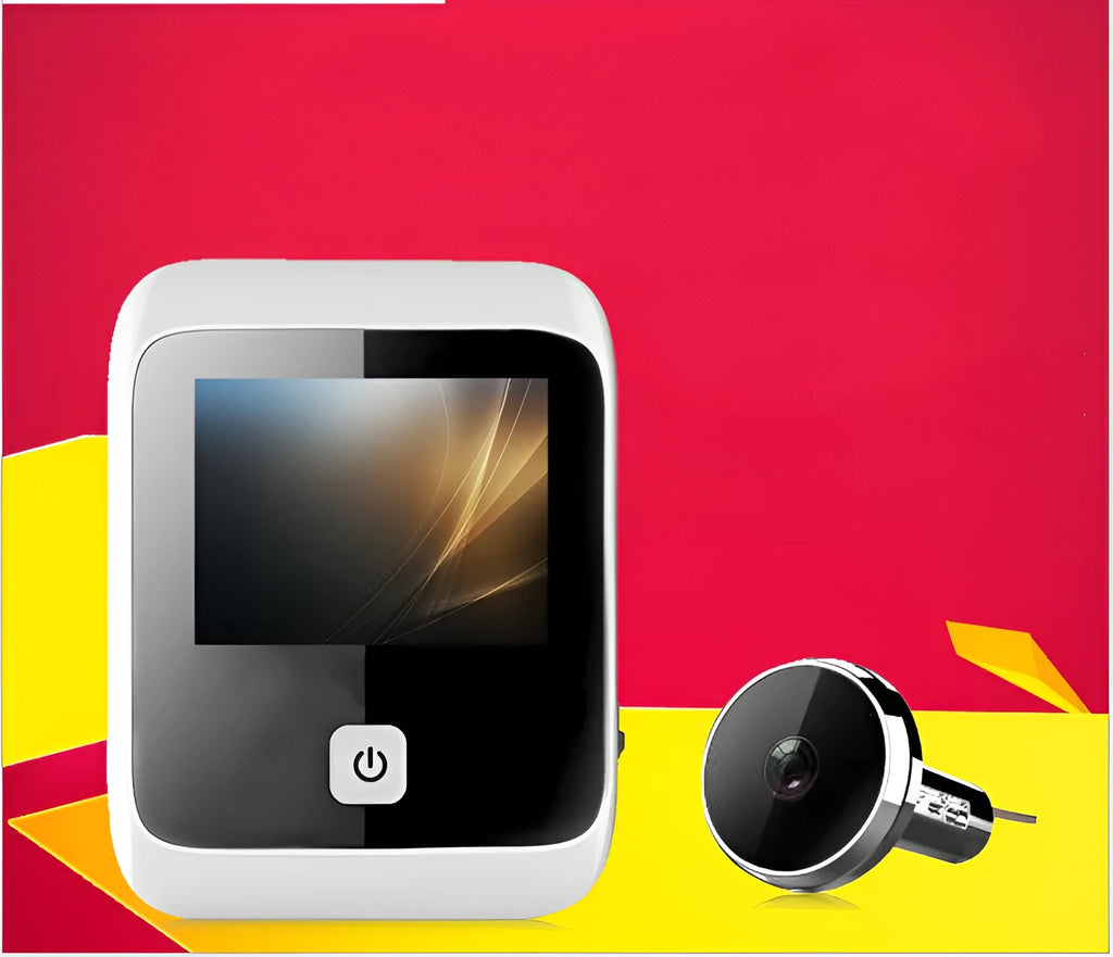 White video doorbell peephole camera with high resolution display replacing standard door viewer