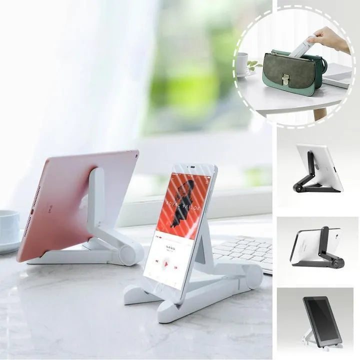 Black foldable tablet holder showing adjustable angles and rubber surface for device protection