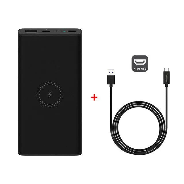 White 10000mAh power bank showing USB Type-C port, USB output, and wireless charging symbol.